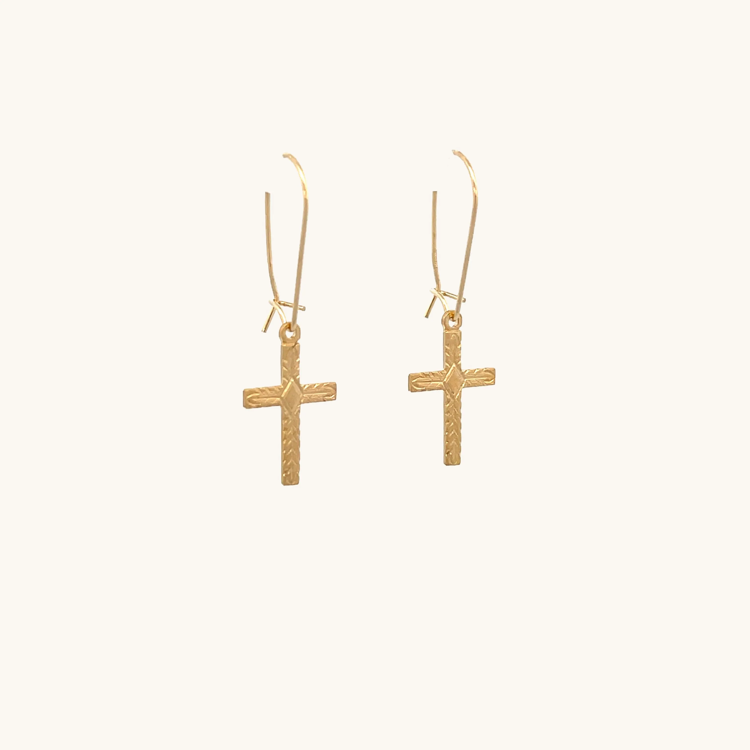 SOLID 14K YELLOW GOLD DIAMOND DESIGN CROSS EARRINGS