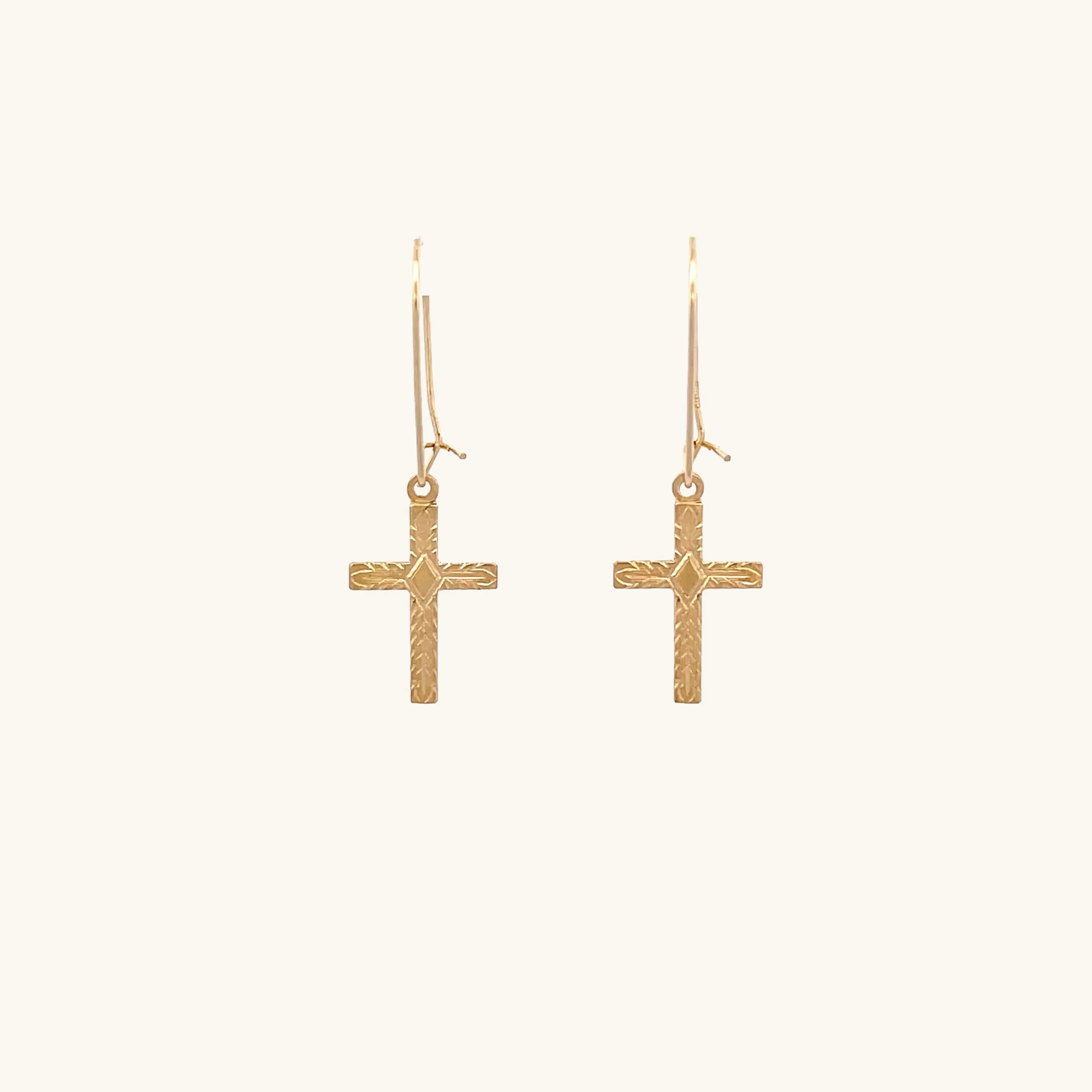 SOLID 14K YELLOW GOLD DIAMOND DESIGN CROSS EARRINGS