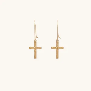 SOLID 14K YELLOW GOLD DIAMOND DESIGN CROSS EARRINGS