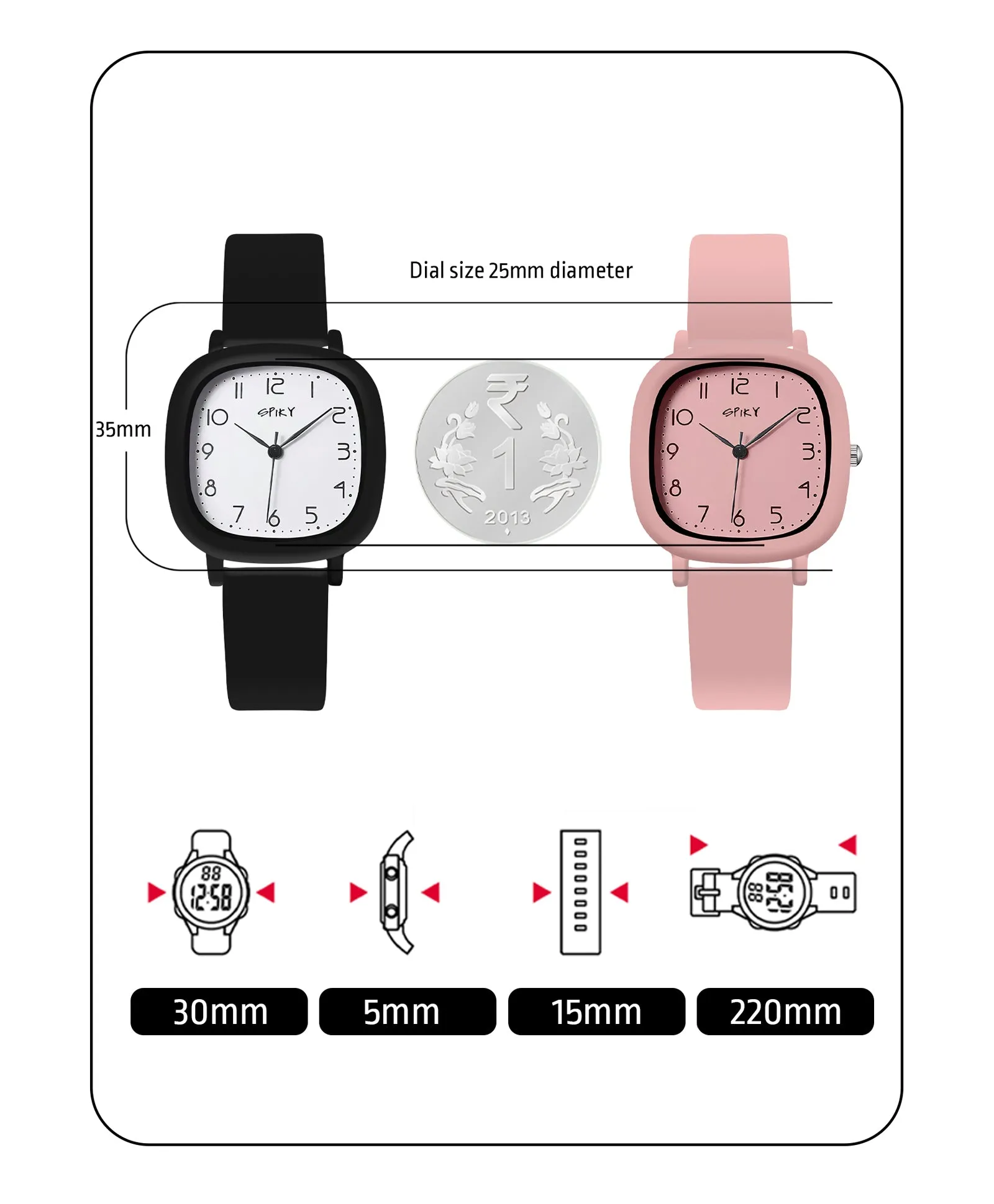 Spiky Eva19 Square Analog Watch for Kids - Black Pink
