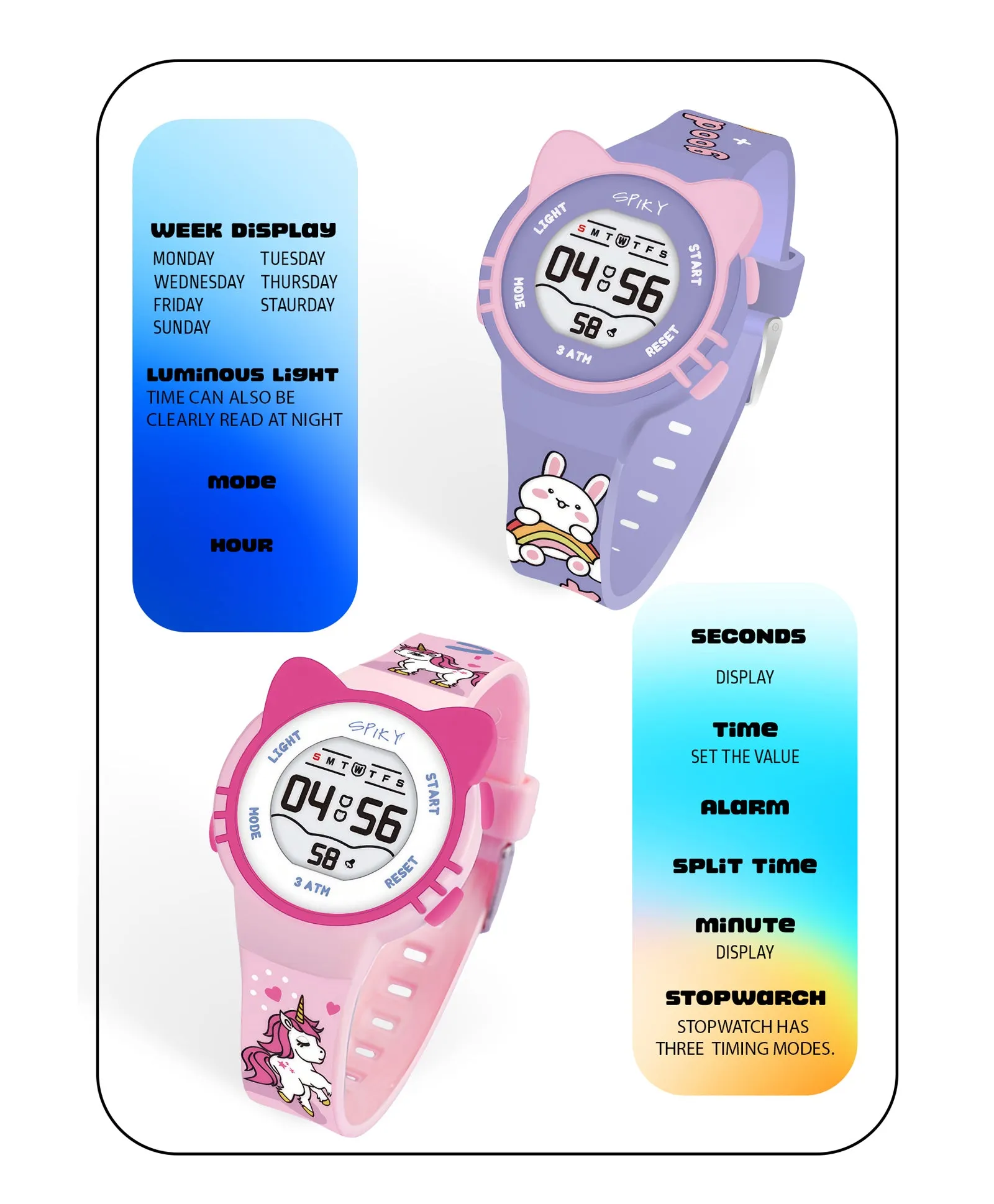 Spiky Round Cat Shaped Sports Digital Watch Combo - Purple Pink