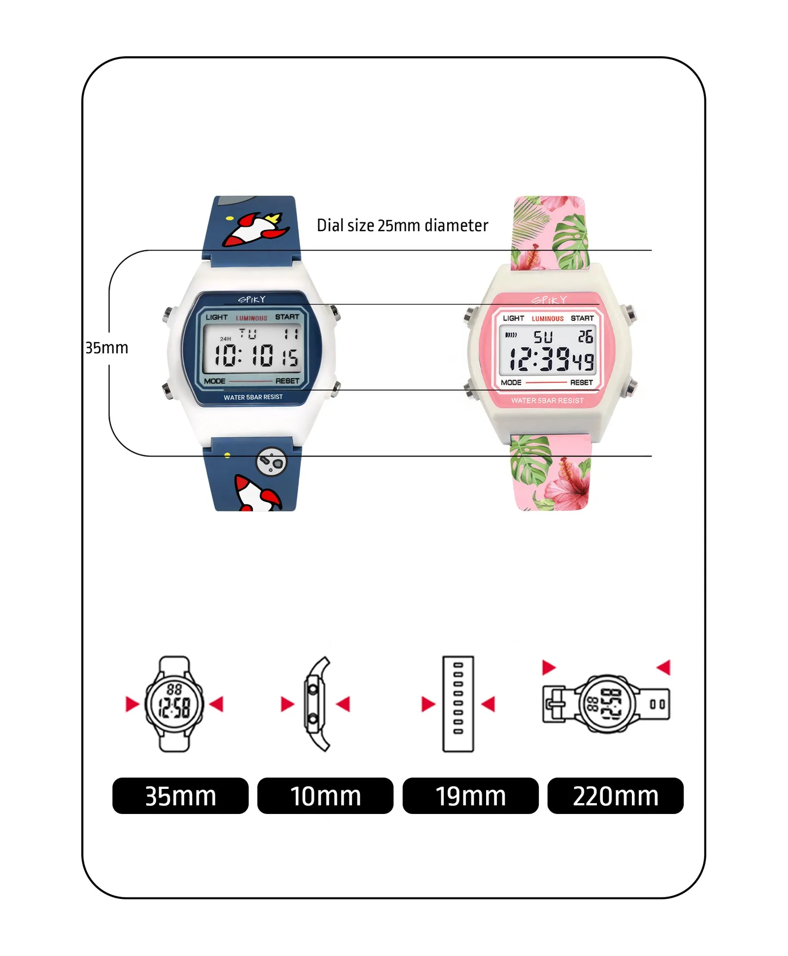 Spiky Unique Printed Square Multi Functional Sports Digital Watch Combo