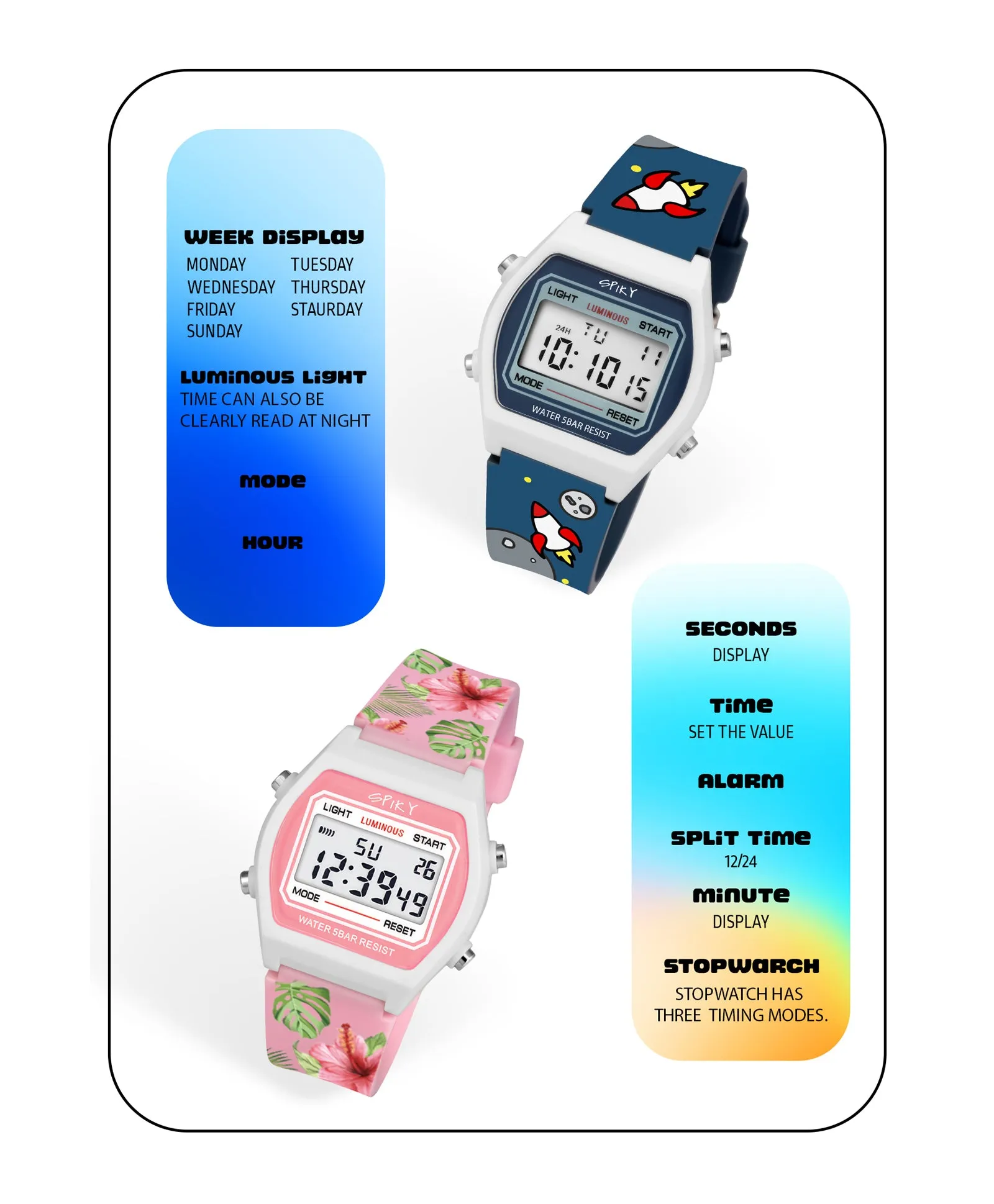 Spiky Unique Printed Square Multi Functional Sports Digital Watch Combo