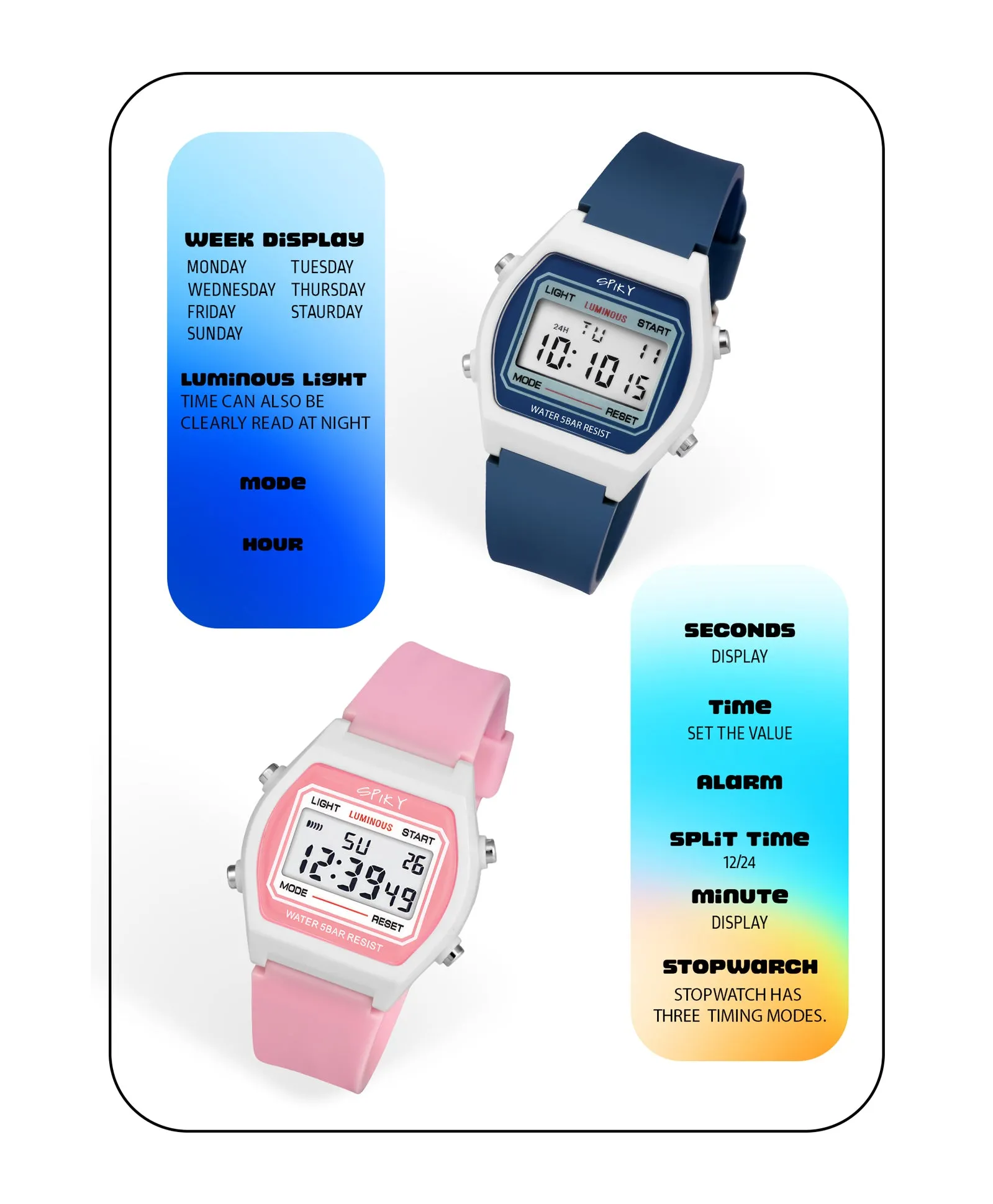 Spiky Unique Square Multi Functional Sports Digital Watch Combo