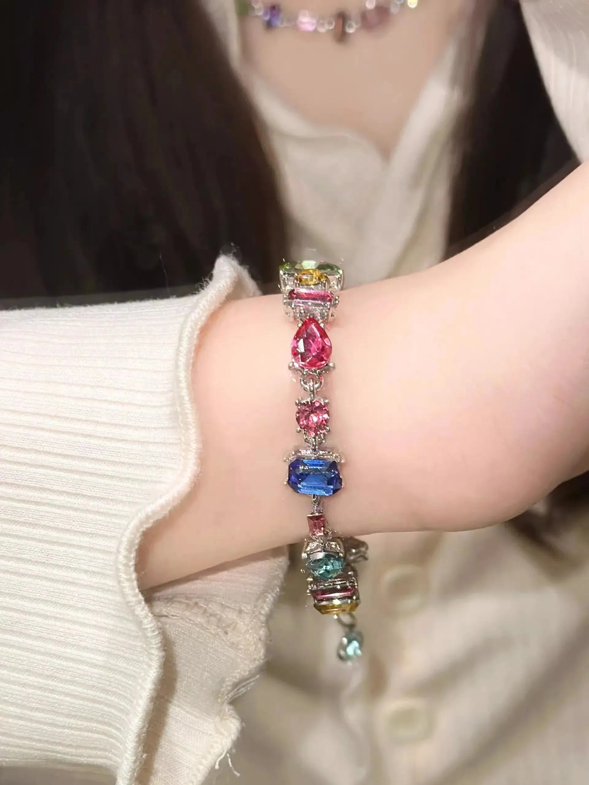 Square Candy Color Bling Crystal Bracelets for Women Luxury Design Rainbow Zircon Stone Bracelet Jewelry Sets