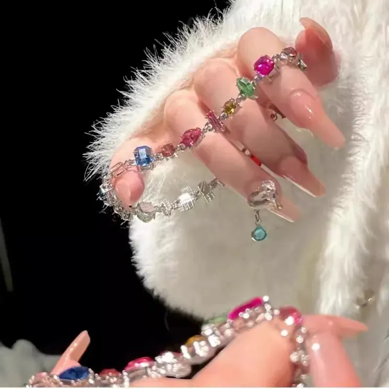 Square Candy Color Bling Crystal Bracelets for Women Luxury Design Rainbow Zircon Stone Bracelet Jewelry Sets