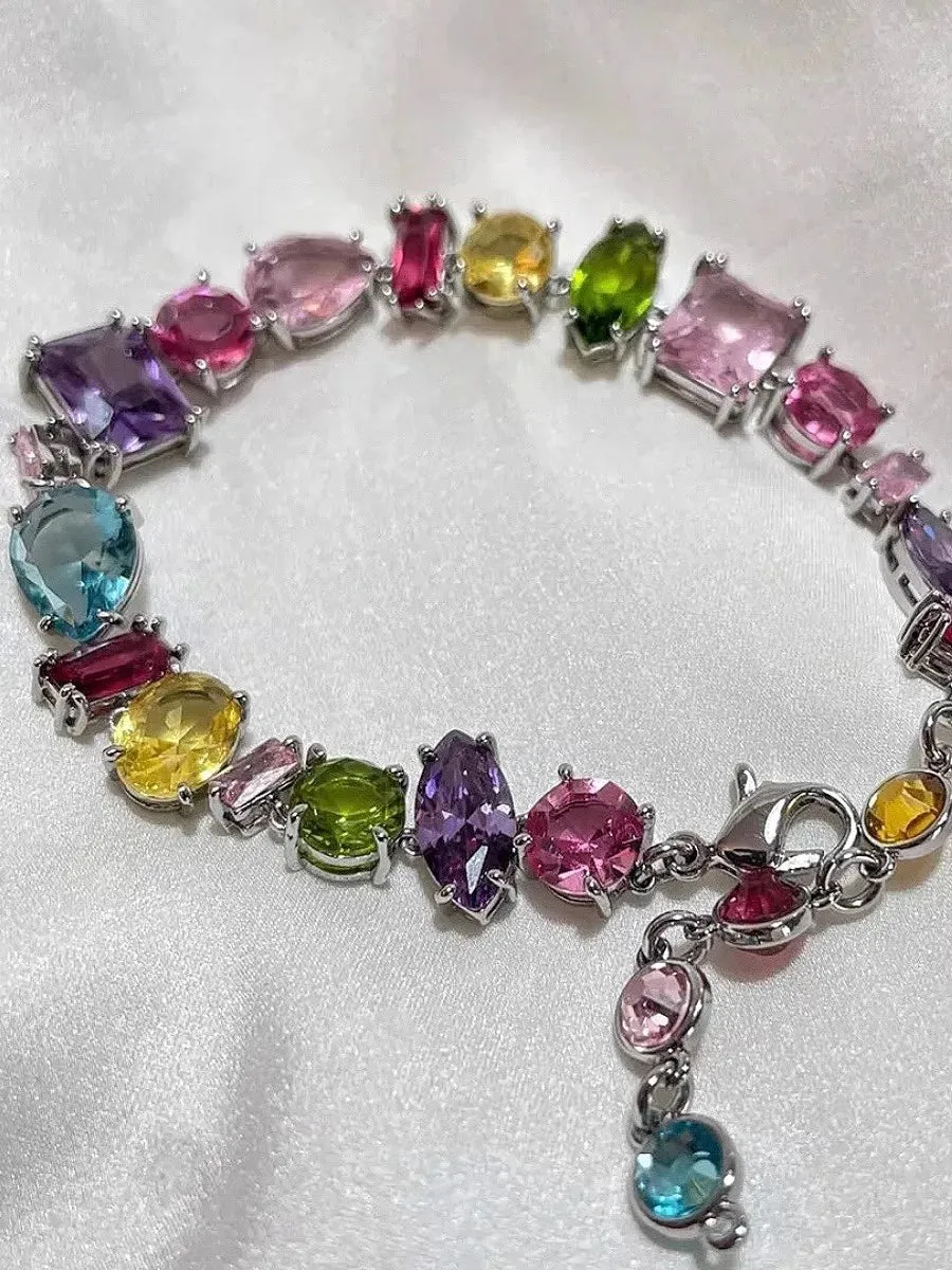 Square Candy Color Bling Crystal Bracelets for Women Luxury Design Rainbow Zircon Stone Bracelet Jewelry Sets