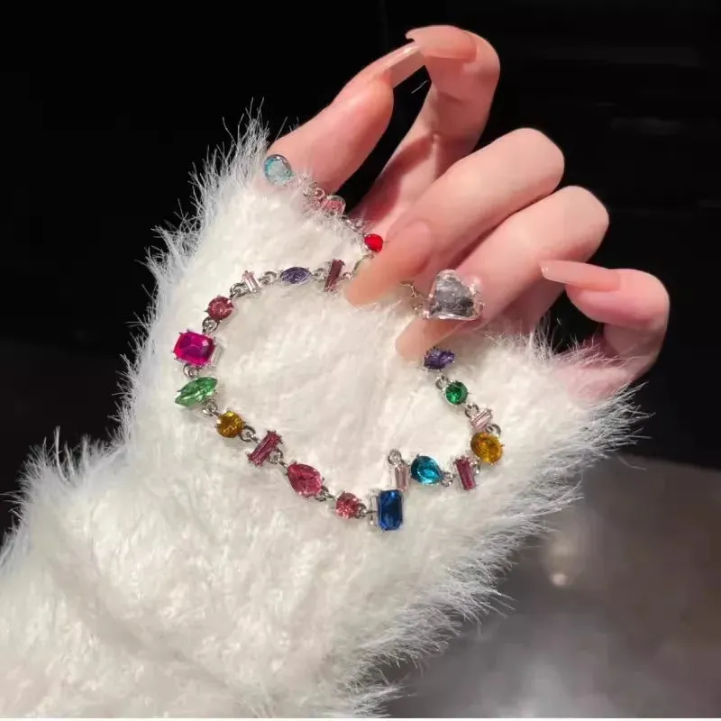 Square Candy Color Bling Crystal Bracelets for Women Luxury Design Rainbow Zircon Stone Bracelet Jewelry Sets
