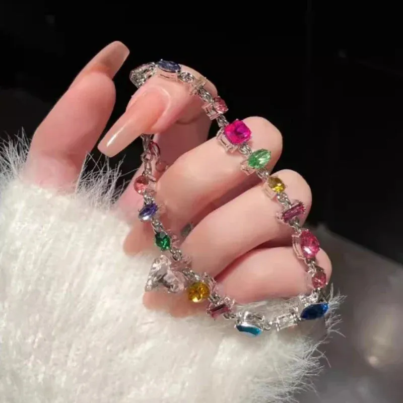 Square Candy Color Bling Crystal Bracelets for Women Luxury Design Rainbow Zircon Stone Bracelet Jewelry Sets