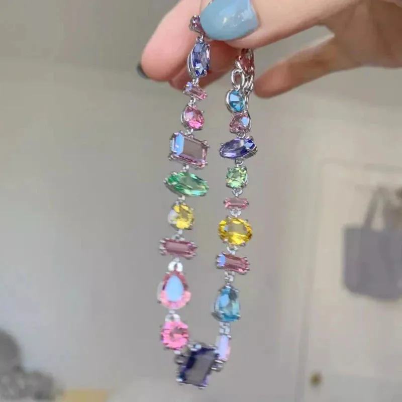 Square Candy Color Bling Crystal Bracelets for Women Luxury Design Rainbow Zircon Stone Bracelet Jewelry Sets