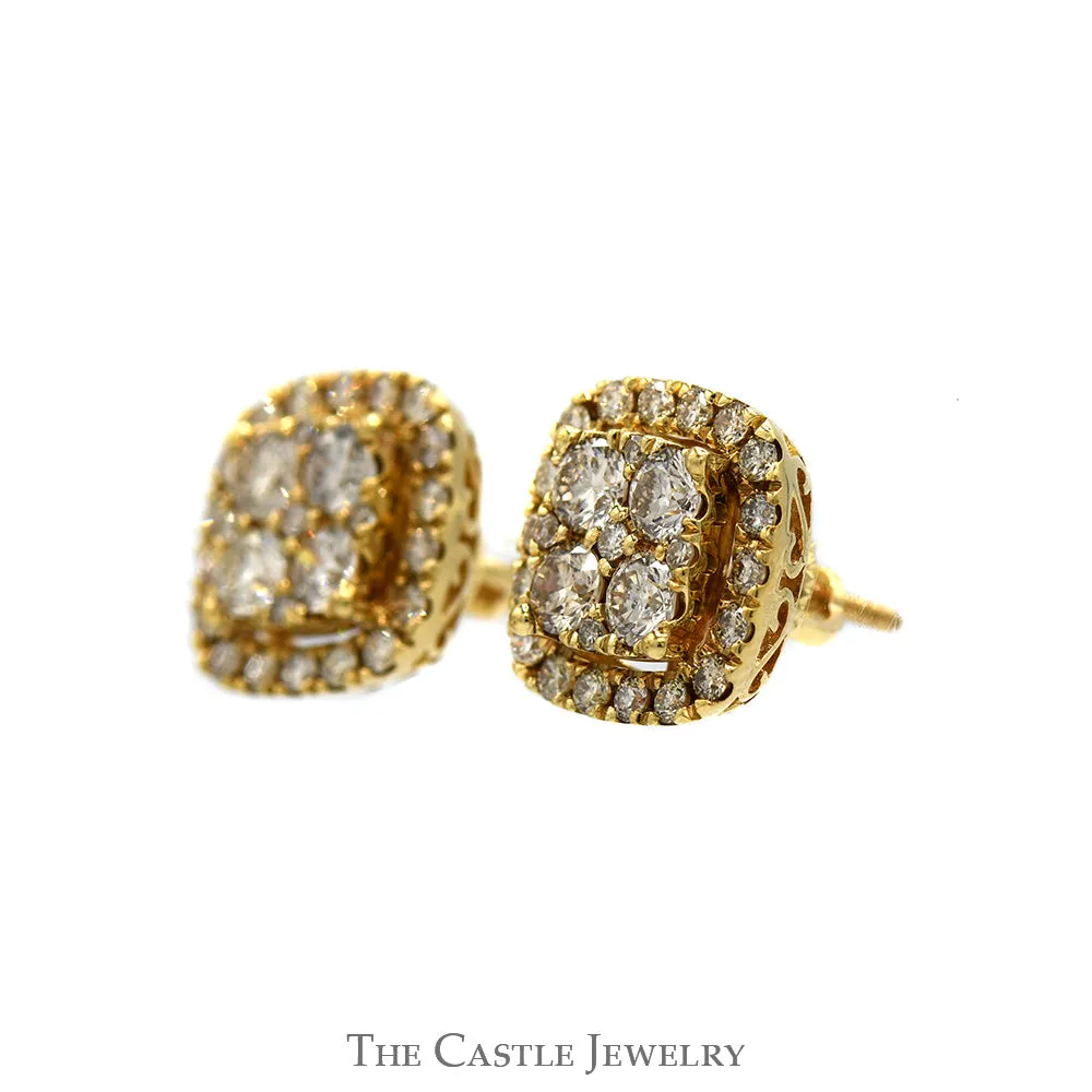 Square Shaped 2cttw Diamond Cluster Stud Earrings with Diamond Halo in 10k Yellow Gold