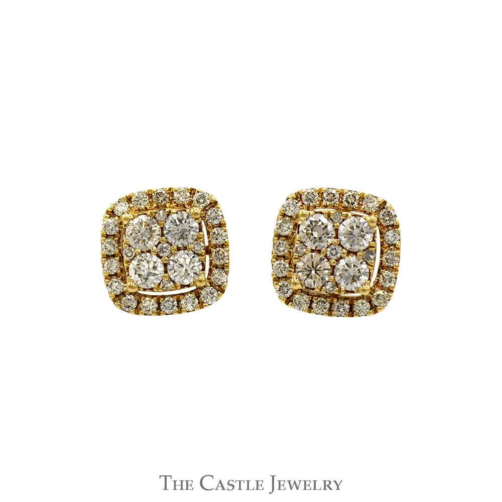 Square Shaped 2cttw Diamond Cluster Stud Earrings with Diamond Halo in 10k Yellow Gold