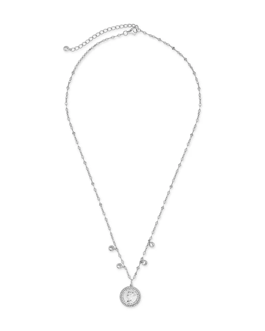 Sterling Silver Coin Medallion & Bezel CZ Charm Necklace