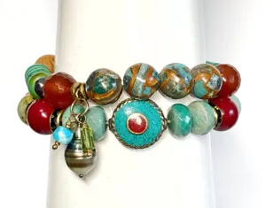 Stretch Bracelet Stack, Set of Two, Green Turquoise, Peruvian Opal, Tahitian Pearl Dangle