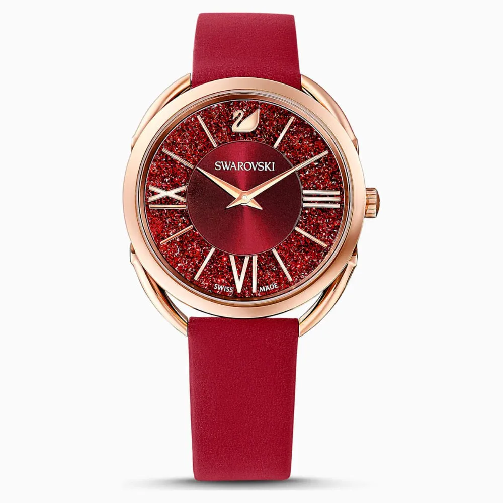 Swarovski Crystalline Aura Watch Leather Strap Red Rose-Gold Tone