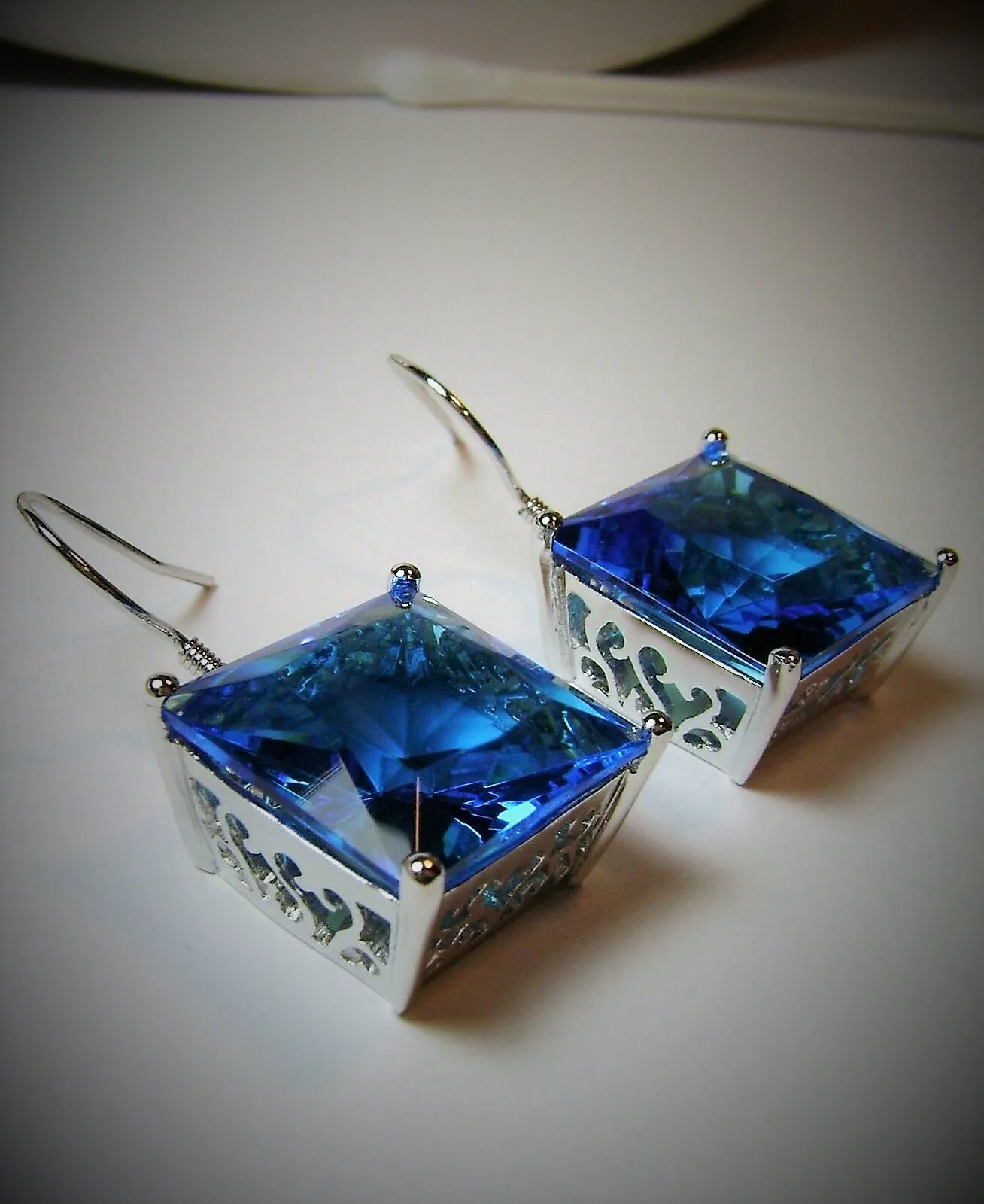 Swiss Blue Square Earrings, Silver Art Nouveau Filigree, Vintage Style Jewelry #E45