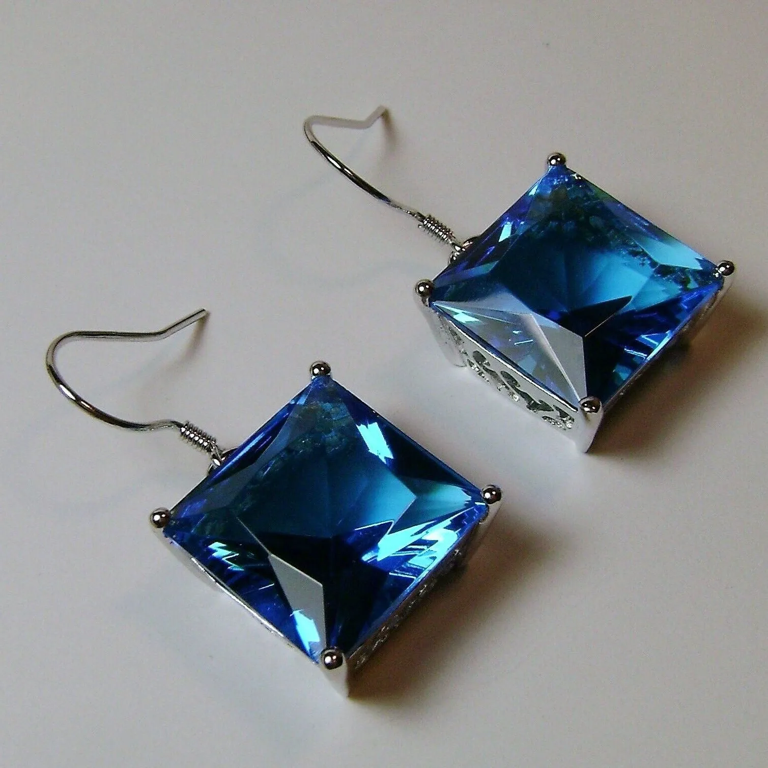 Swiss Blue Square Earrings, Silver Art Nouveau Filigree, Vintage Style Jewelry #E45