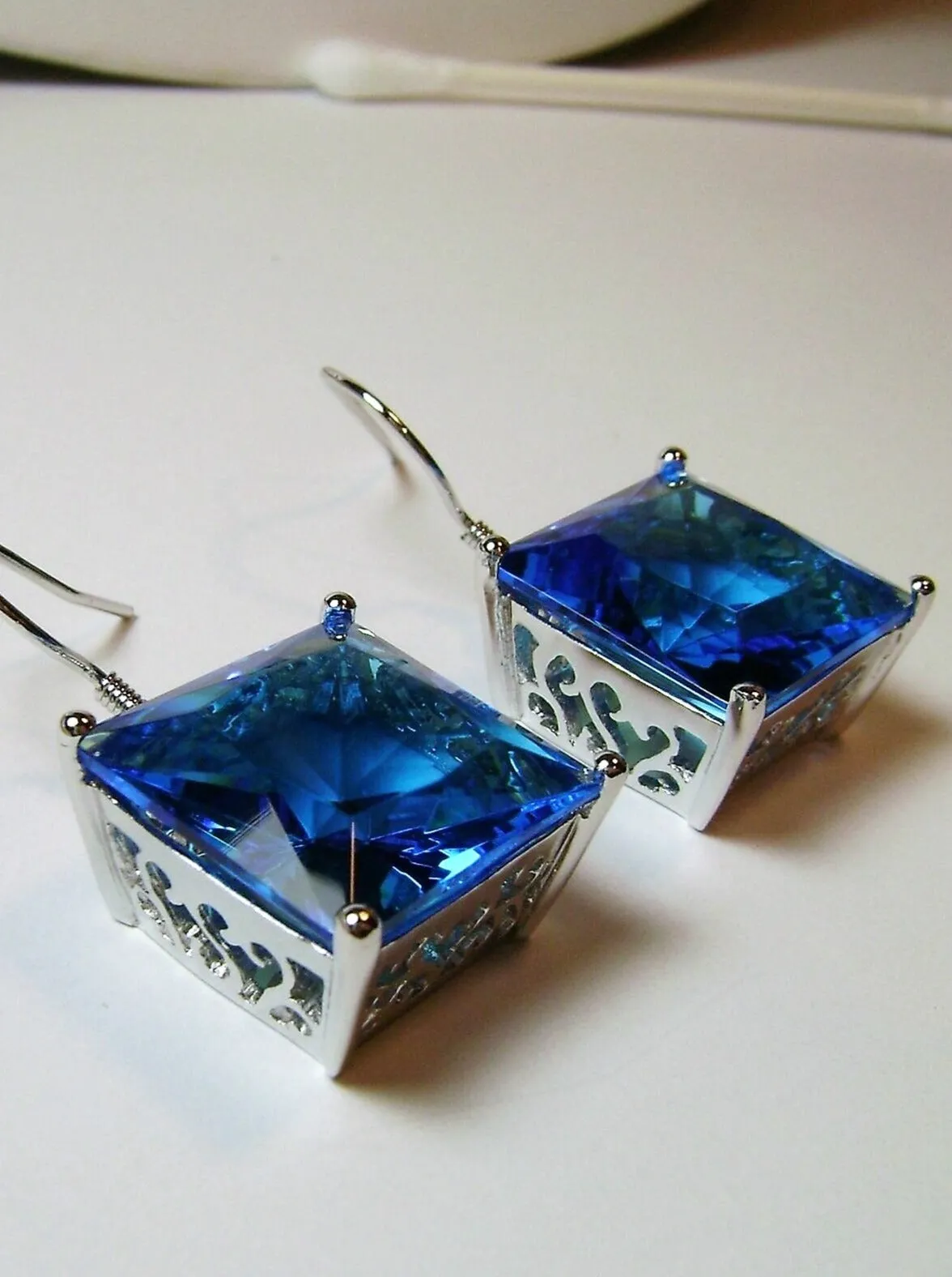 Swiss Blue Square Earrings, Silver Art Nouveau Filigree, Vintage Style Jewelry #E45