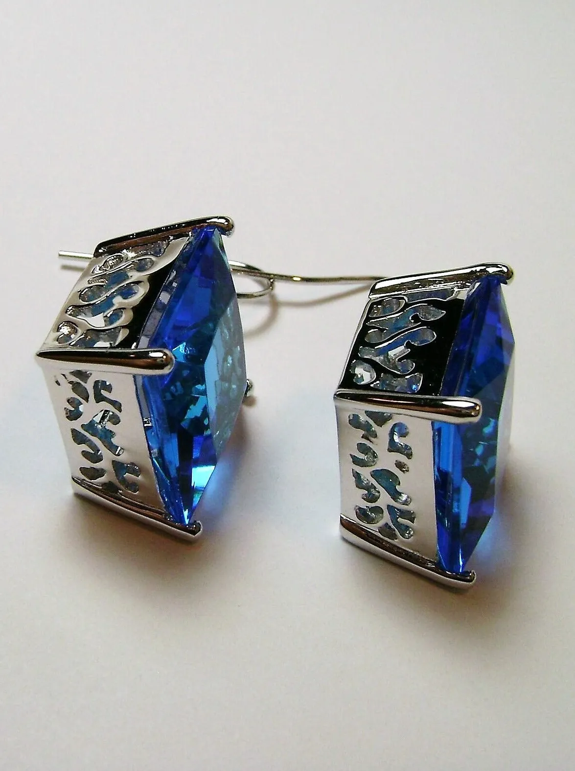 Swiss Blue Square Earrings, Silver Art Nouveau Filigree, Vintage Style Jewelry #E45