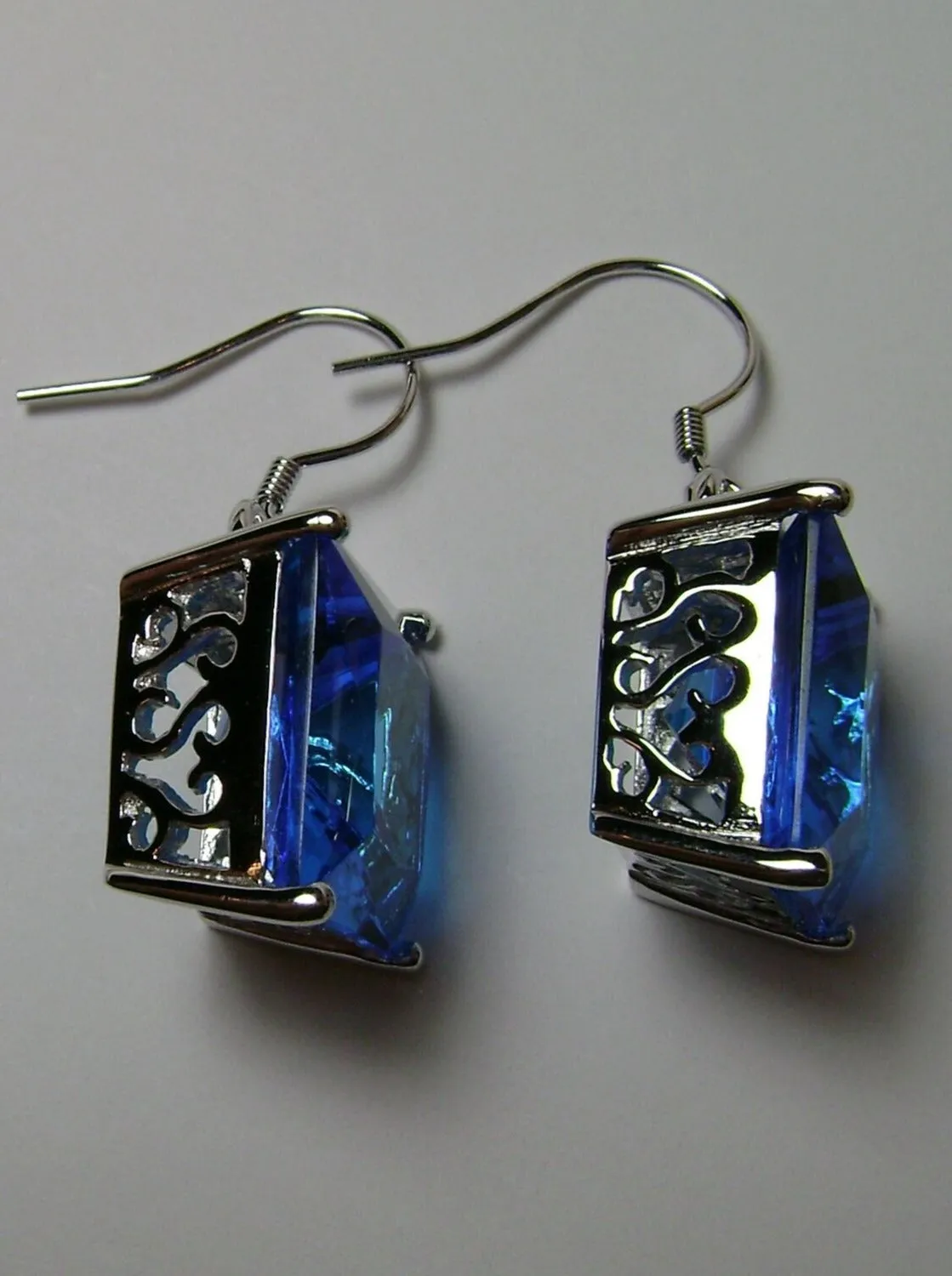 Swiss Blue Square Earrings, Silver Art Nouveau Filigree, Vintage Style Jewelry #E45