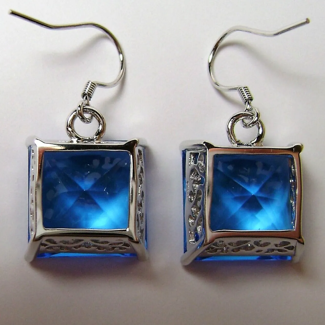 Swiss Blue Square Earrings, Silver Art Nouveau Filigree, Vintage Style Jewelry #E45