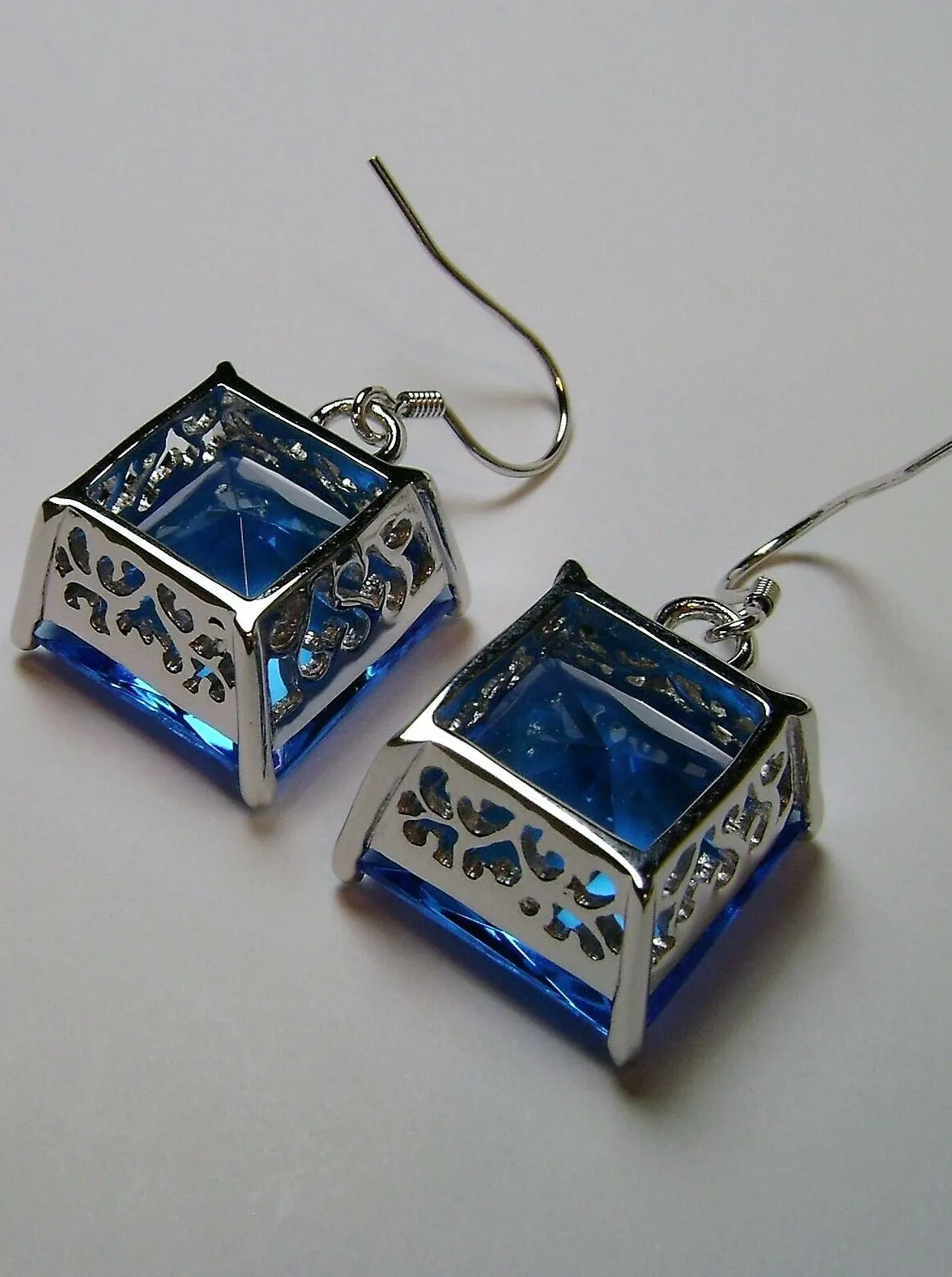 Swiss Blue Square Earrings, Silver Art Nouveau Filigree, Vintage Style Jewelry #E45