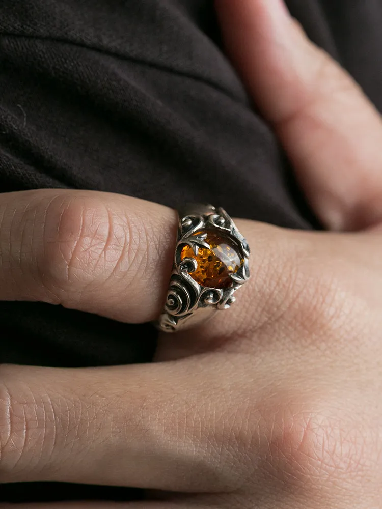 Tang grass flower vine amber ring