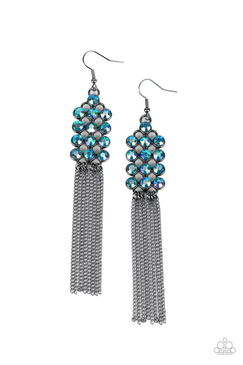 Tasteful Tassel - Multi - Blue Oil Spill Rhinestone Gunmetal Chain Tassel Paparazzi Fishhook Earrings