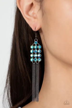 Tasteful Tassel - Multi - Blue Oil Spill Rhinestone Gunmetal Chain Tassel Paparazzi Fishhook Earrings