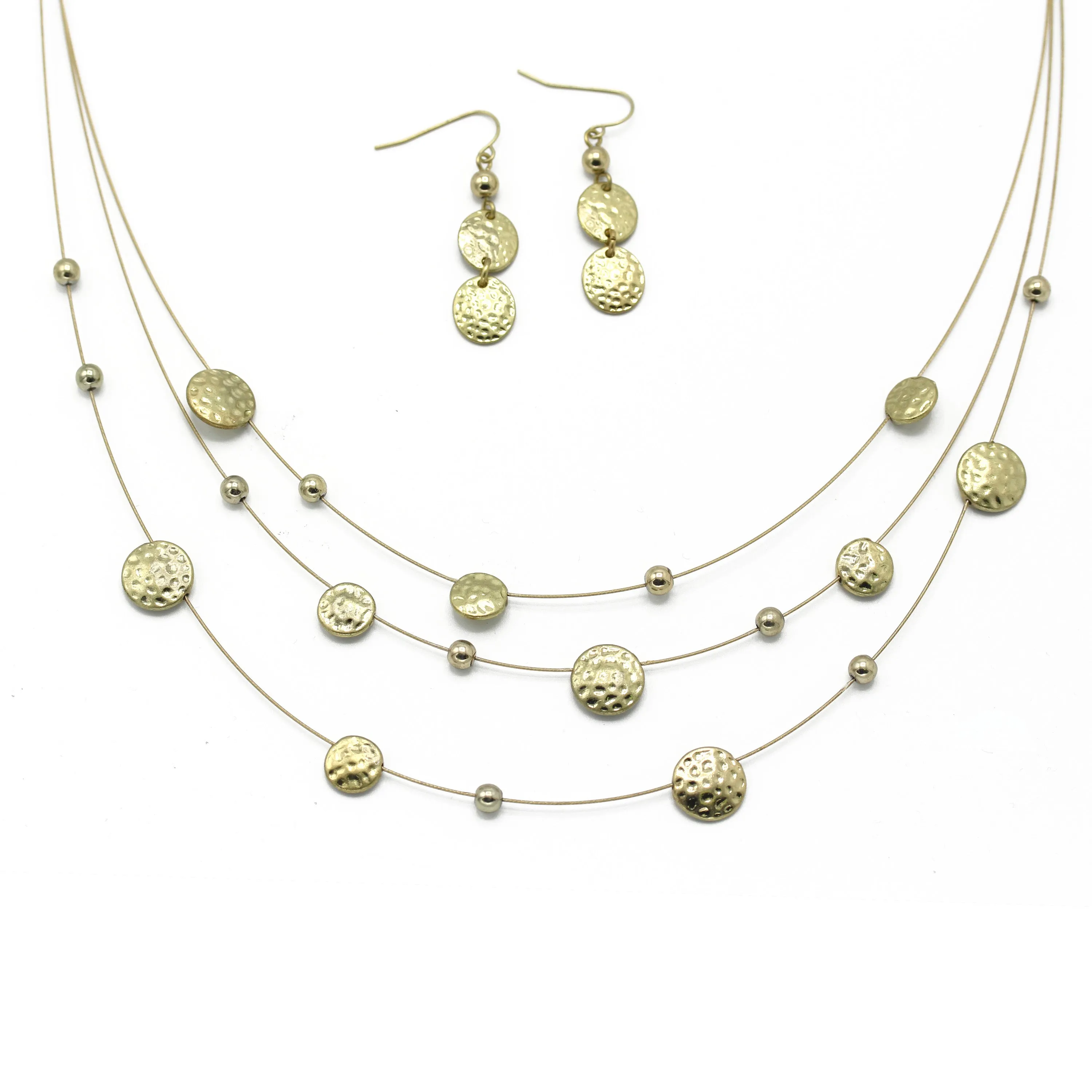 Three rows gold Wire Necklace and earring set. Item#MS23837NE01(SHBA10)