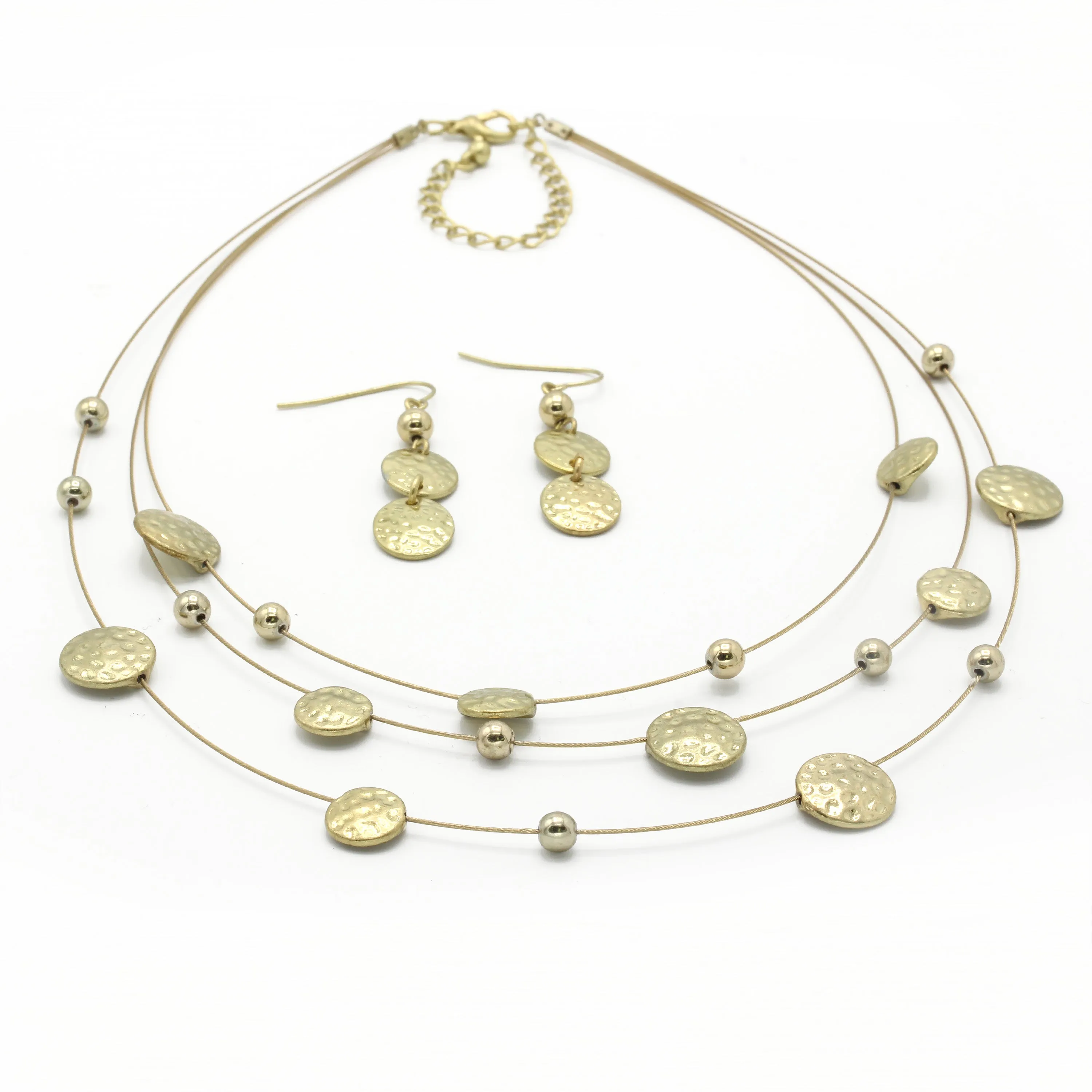 Three rows gold Wire Necklace and earring set. Item#MS23837NE01(SHBA10)