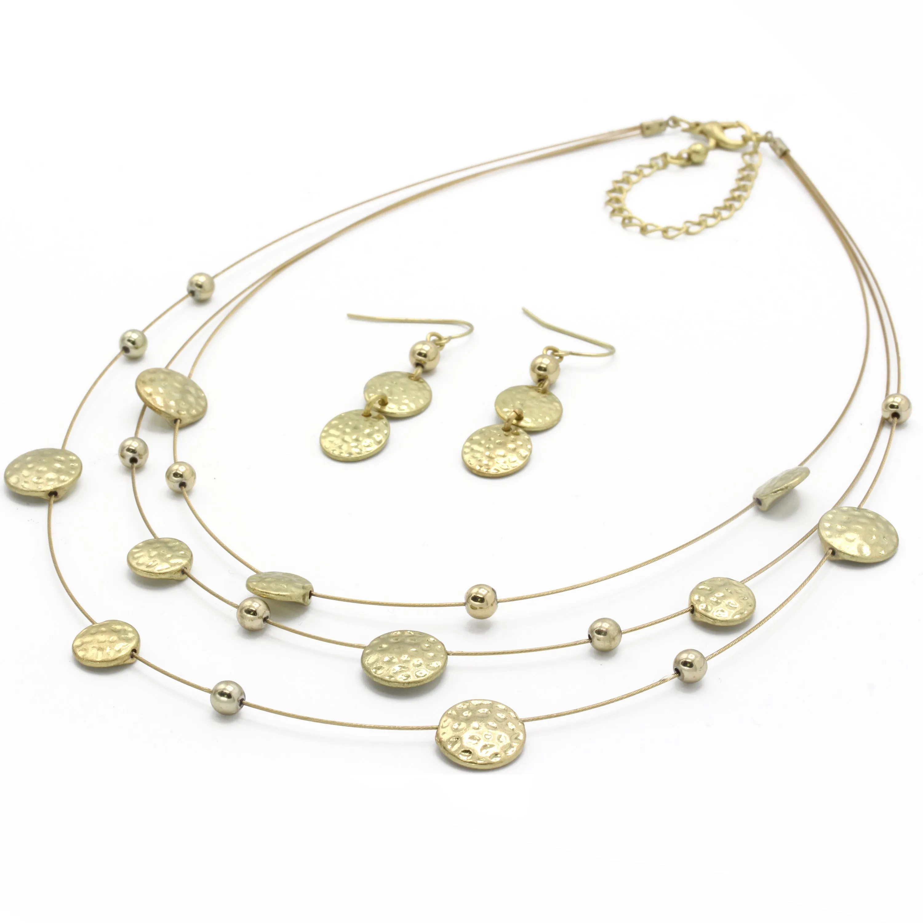 Three rows gold Wire Necklace and earring set. Item#MS23837NE01(SHBA10)