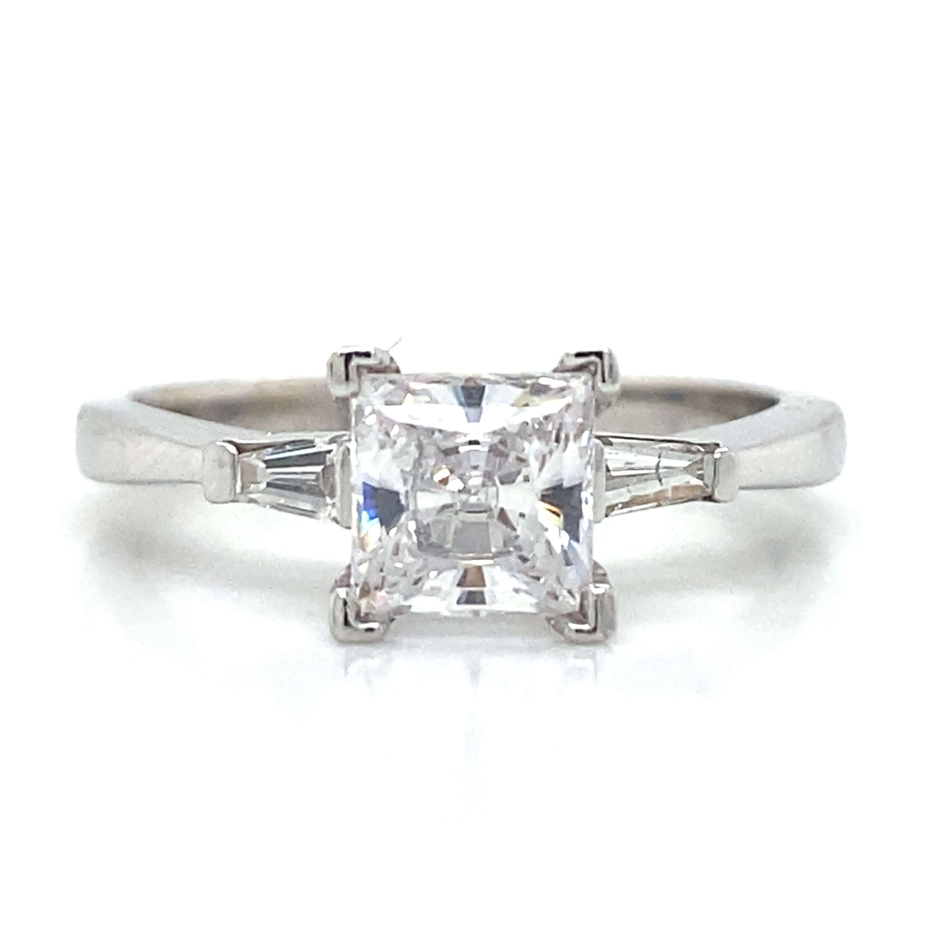 Three Stone Tapered Baguette Shaped Engagement Ring in 18K White Gold