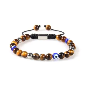 Tiger Eye Silver Beads & Blue Evil Eye Bracelet
