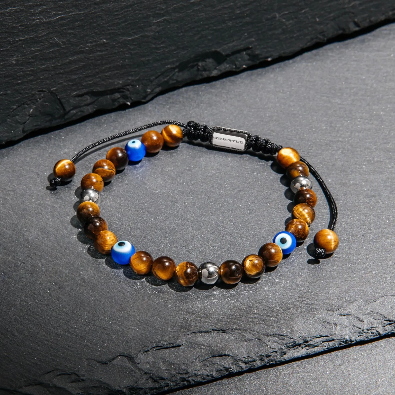 Tiger Eye Silver Beads & Blue Evil Eye Bracelet