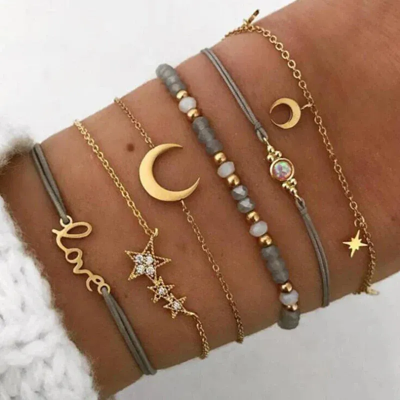 Tocona Boho Love Moon Bracelets for Women Charms Bead Gold Color Star Clear Crystal Stone Letter Rope