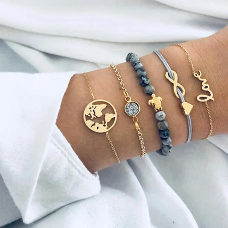 Tocona Boho Love Moon Bracelets for Women Charms Bead Gold Color Star Clear Crystal Stone Letter Rope