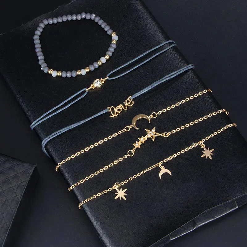 Tocona Boho Love Moon Bracelets for Women Charms Bead Gold Color Star Clear Crystal Stone Letter Rope