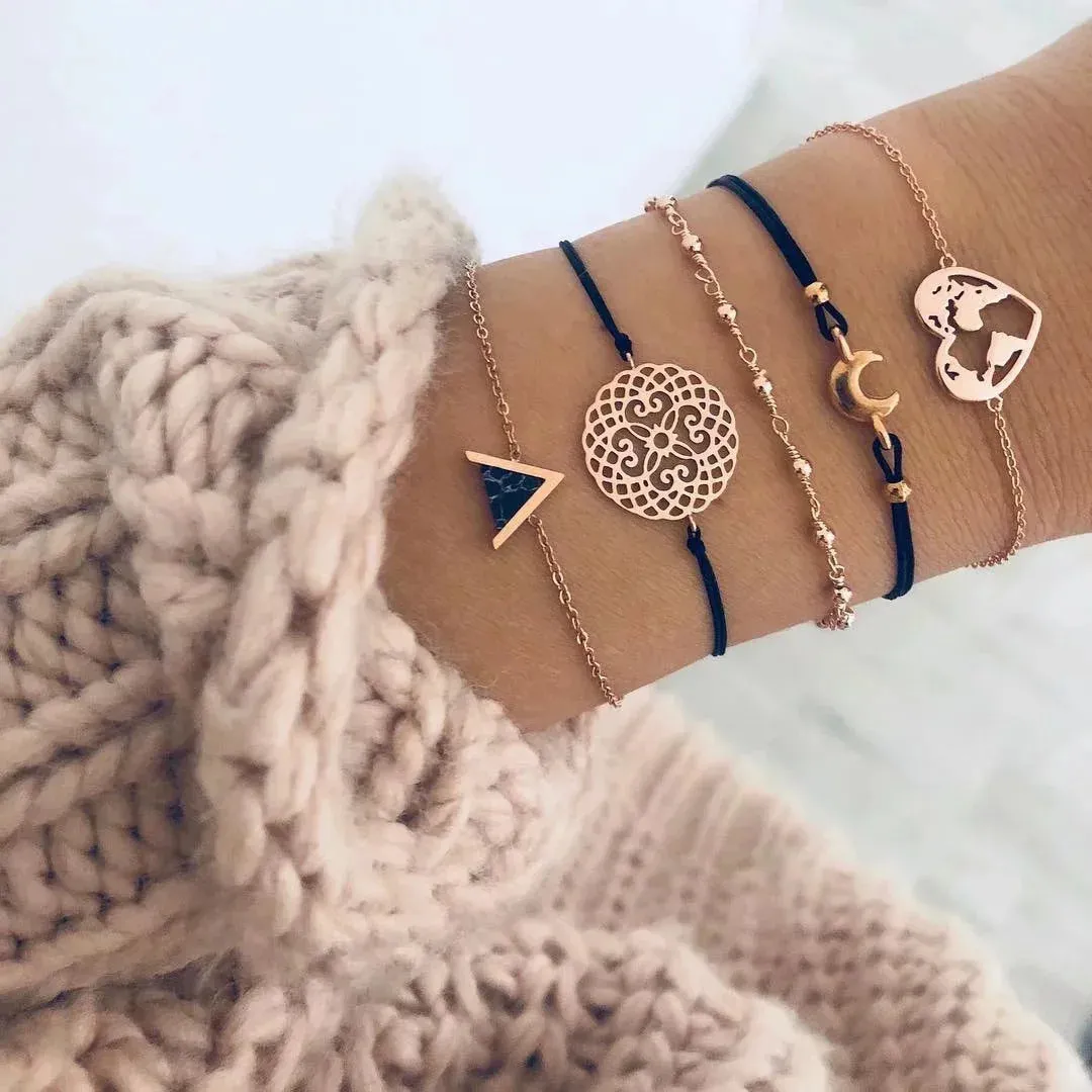 Tocona Boho Love Moon Bracelets for Women Charms Bead Gold Color Star Clear Crystal Stone Letter Rope