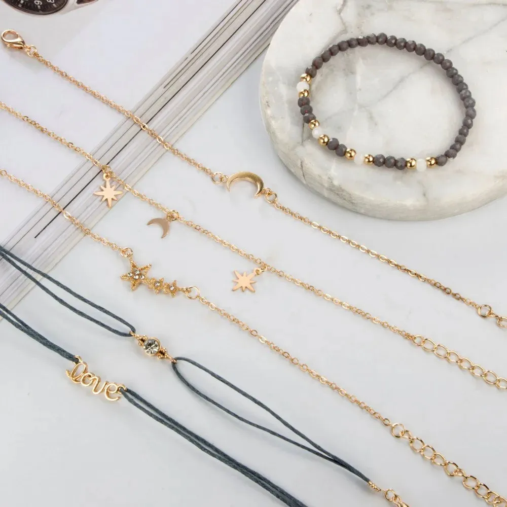 Tocona Boho Love Moon Bracelets for Women Charms Bead Gold Color Star Clear Crystal Stone Letter Rope