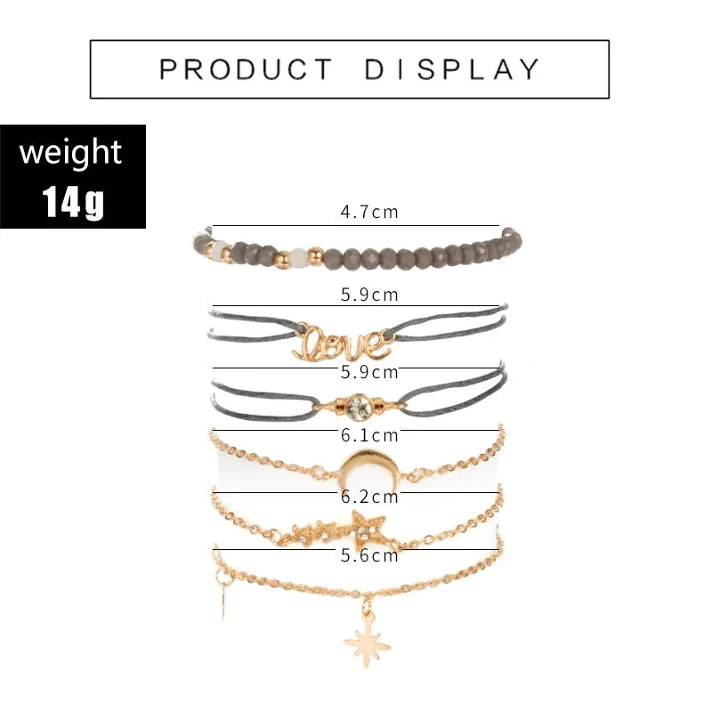 Tocona Boho Love Moon Bracelets for Women Charms Bead Gold Color Star Clear Crystal Stone Letter Rope