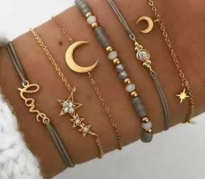 Tocona Boho Love Moon Bracelets for Women Charms Bead Gold Color Star Clear Crystal Stone Letter Rope
