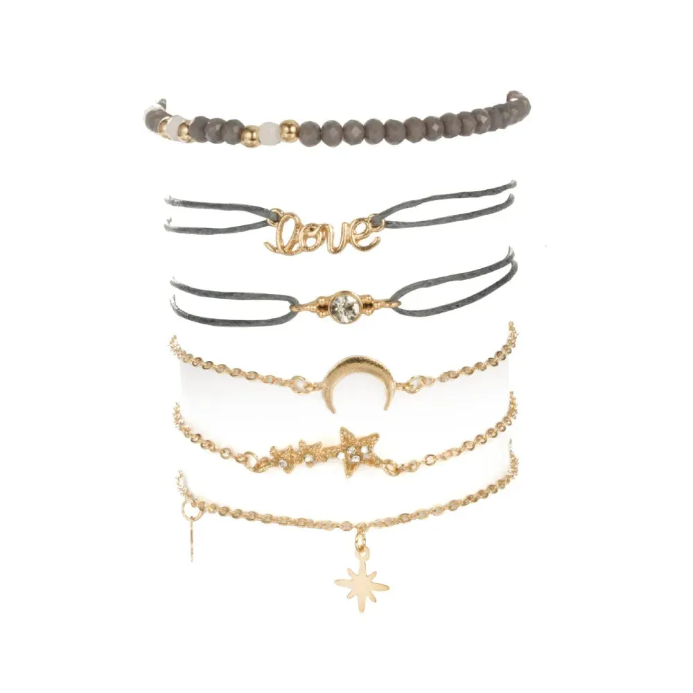 Tocona Boho Love Moon Bracelets for Women Charms Bead Gold Color Star Clear Crystal Stone Letter Rope