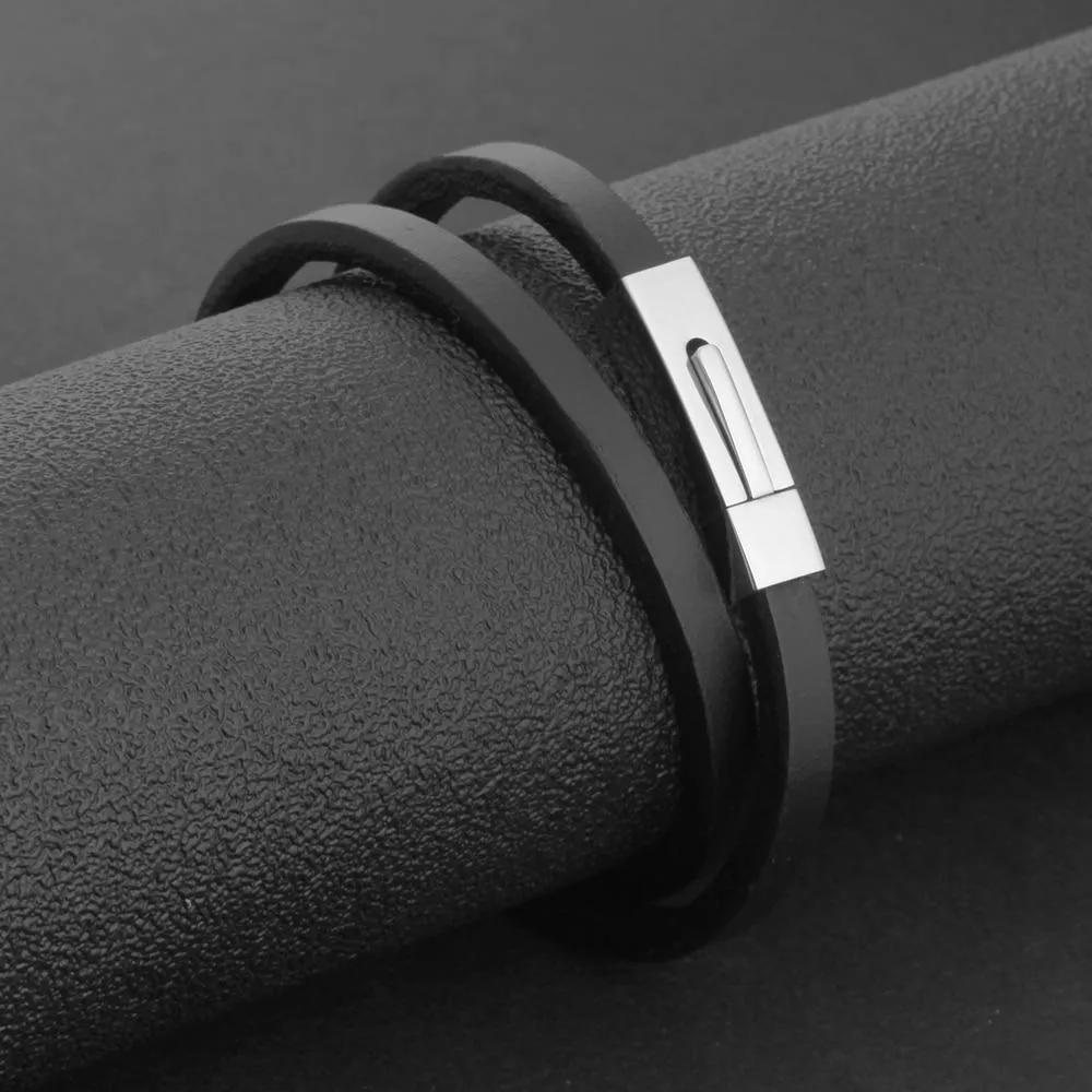 Trendy Stainless Steel & Genuine Leather Men’s Bracelets, Black Wrap Wristband Accessory for Men