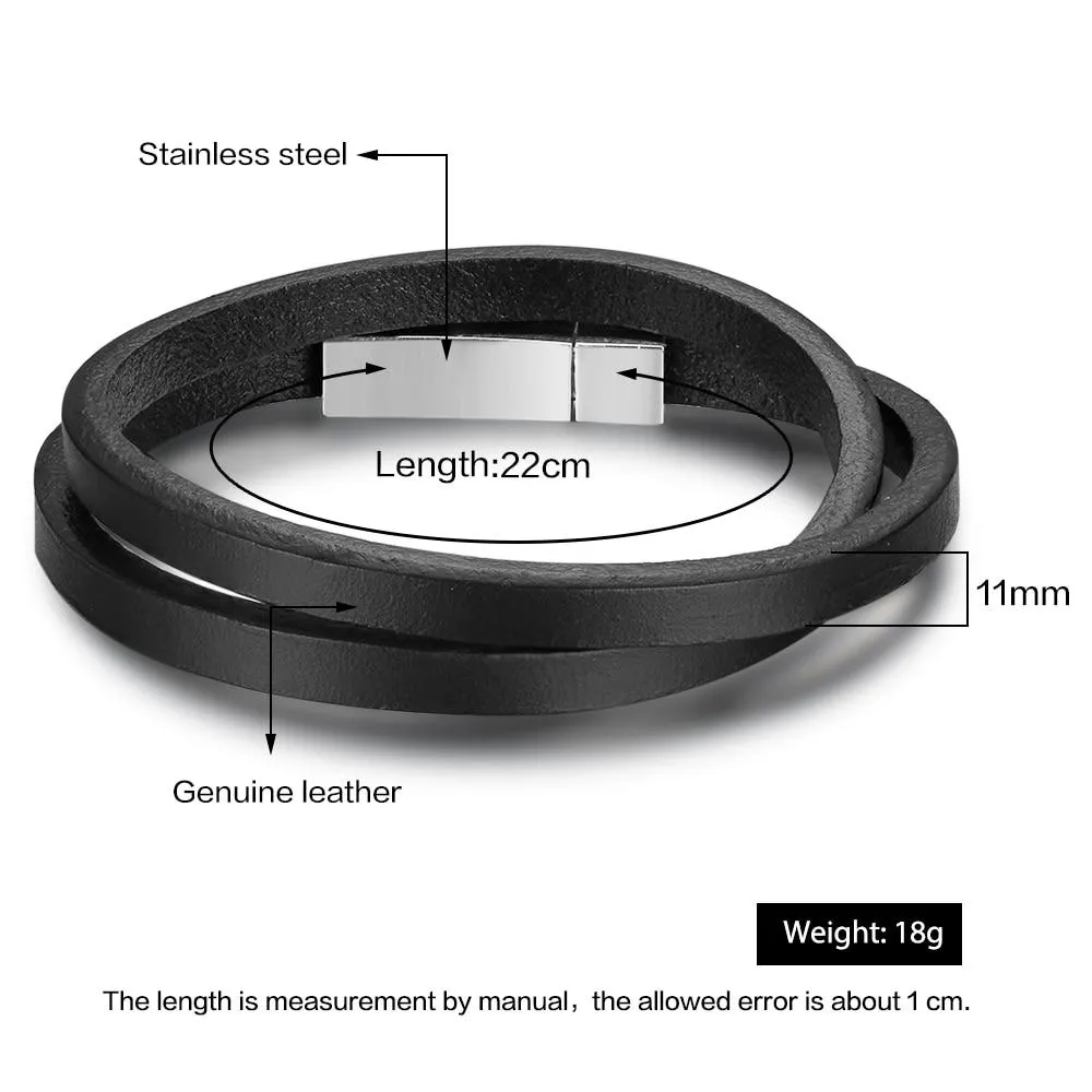 Trendy Stainless Steel & Genuine Leather Men’s Bracelets, Black Wrap Wristband Accessory for Men