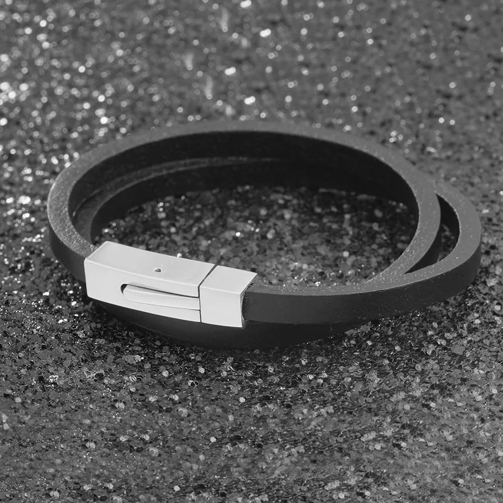 Trendy Stainless Steel & Genuine Leather Men’s Bracelets, Black Wrap Wristband Accessory for Men