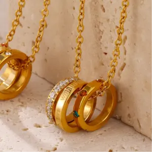 Triple Rings Gold Letter 304 Stainless Steel Zircon 18K Gold Plated Pendant Necklace