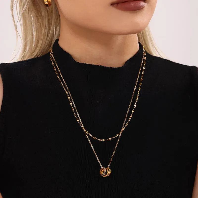 Triple Rings Mix Color Letter 304 Stainless Steel Zircon 18K Gold Plated Pendant Necklace