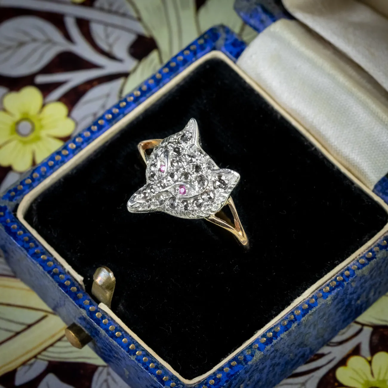 Vintage 1Ct Diamond Ruby Fox Head Ring 9Ct Gold