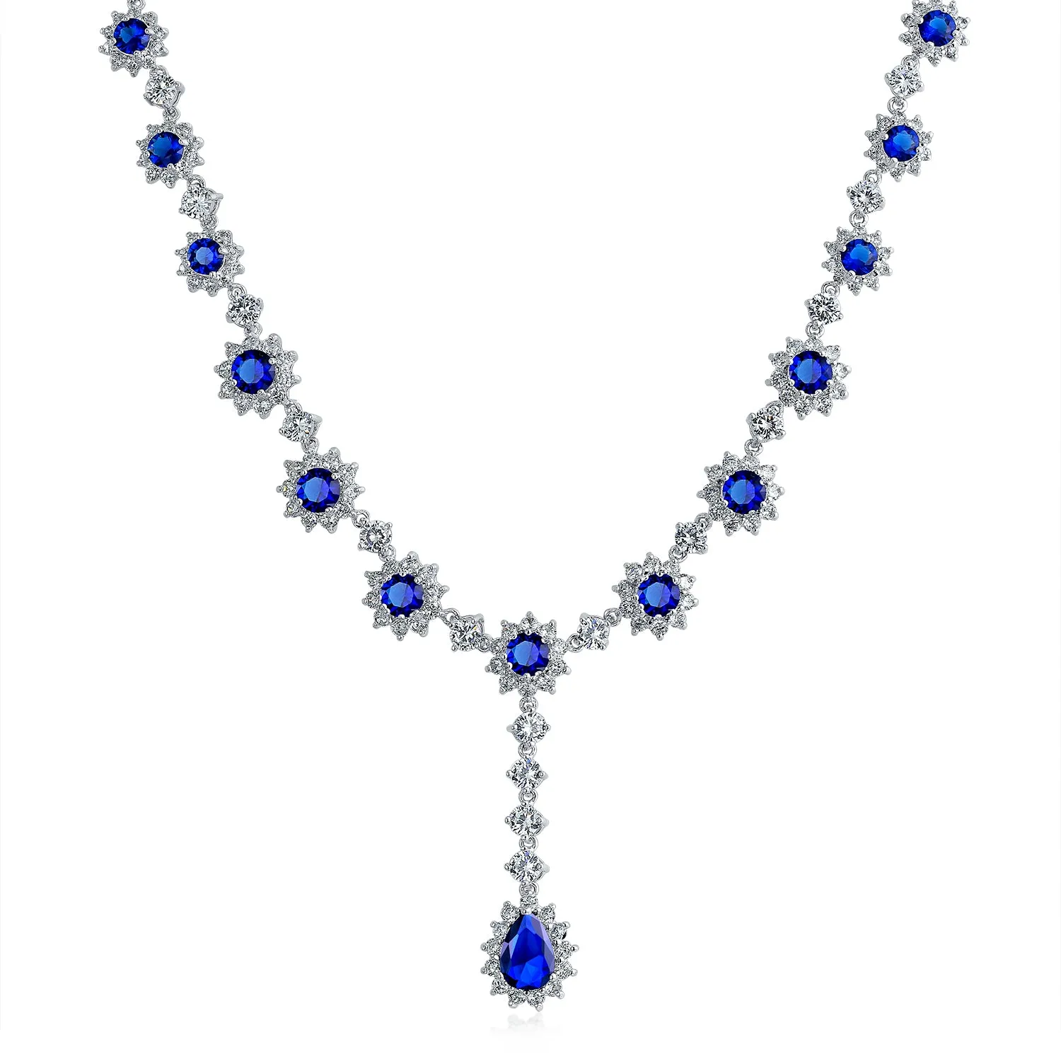 Vintage Antique Oval Crown Halo CZ Royal Blue Y Collar Necklace Silver Plated